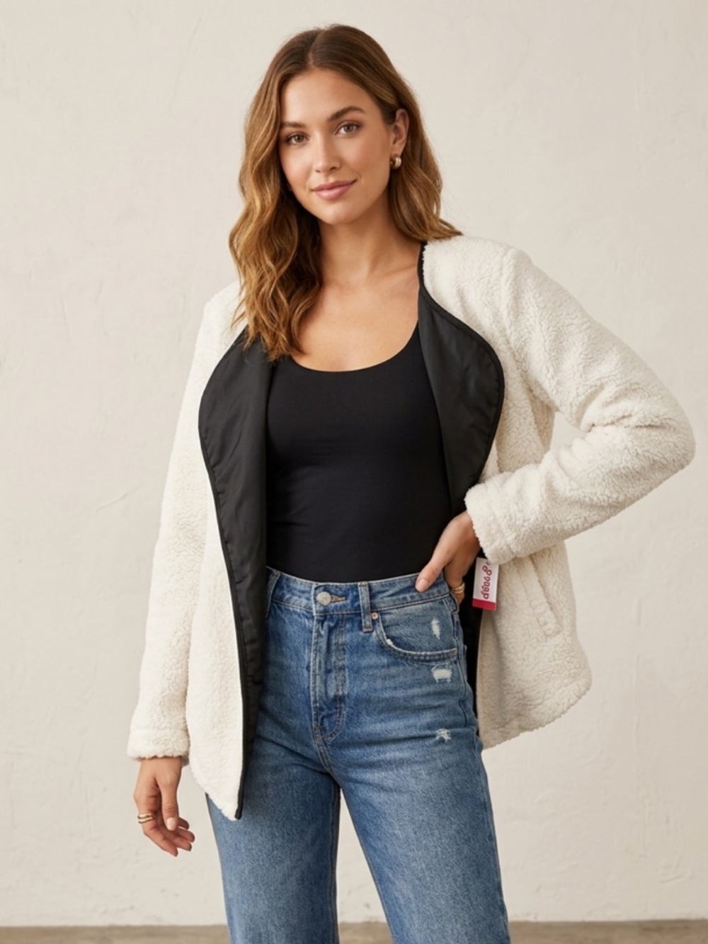 TOWOWGE Women's White Faux Fur Sherpa Teddy Open Jacket Coat Size M Boho NWT
